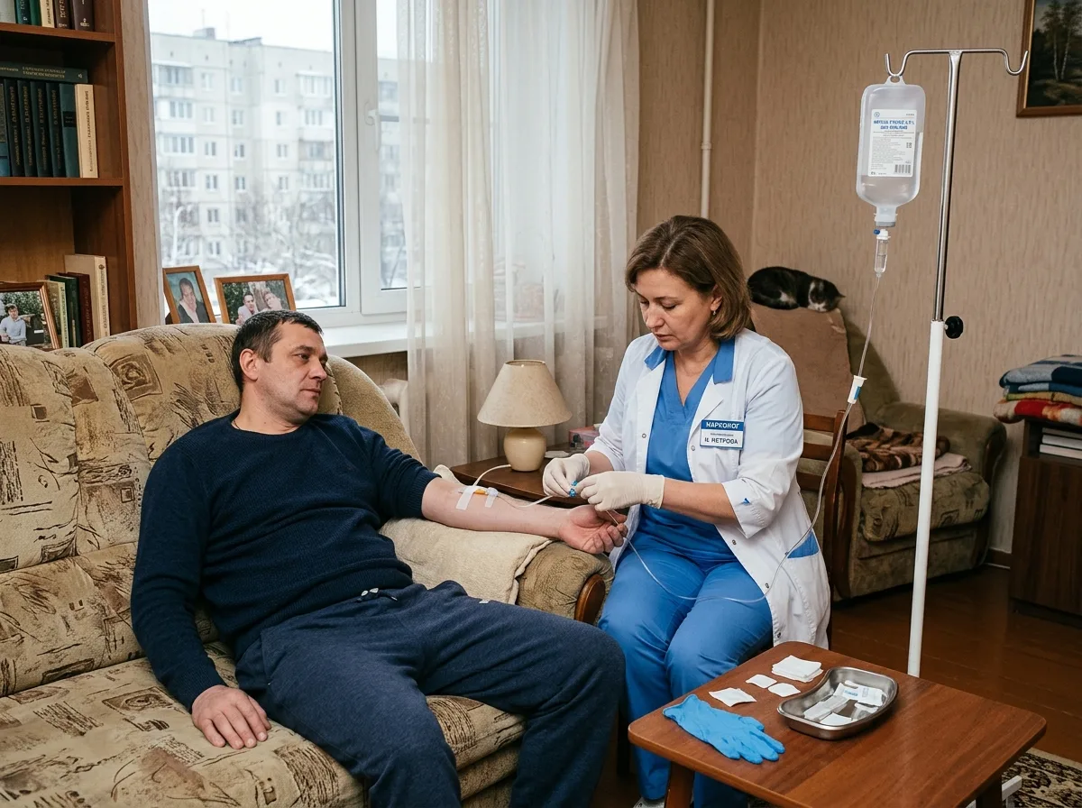 Врач-нарколог в медицинской форме ставит капельницу пациенту на дому в Воронеже, домашняя обстановка, мягкое освещение