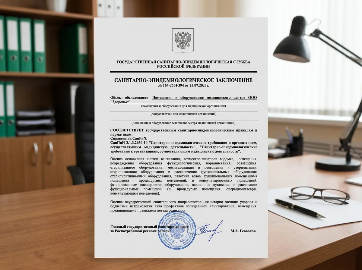 Санитарно-эпидемиологическое заключение о соответствии помещений и оборудования санитарным нормам СанПиН для медицинской организации